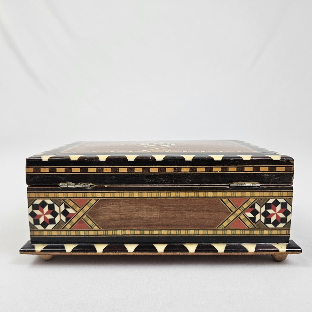 Spanish Marquetry Laquered Jewelry Box Musical Mosaic Vintage Mid-Century - Picture 9 of 11